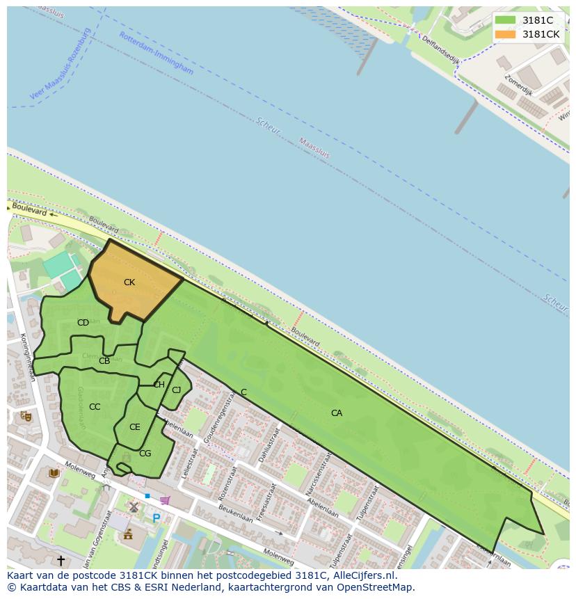 Afbeelding van het postcodegebied 3181 CK op de kaart.