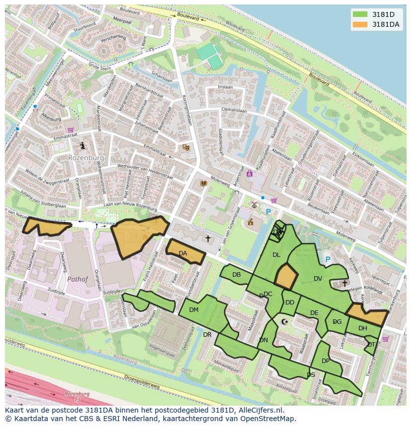 Afbeelding van het postcodegebied 3181 DA op de kaart.