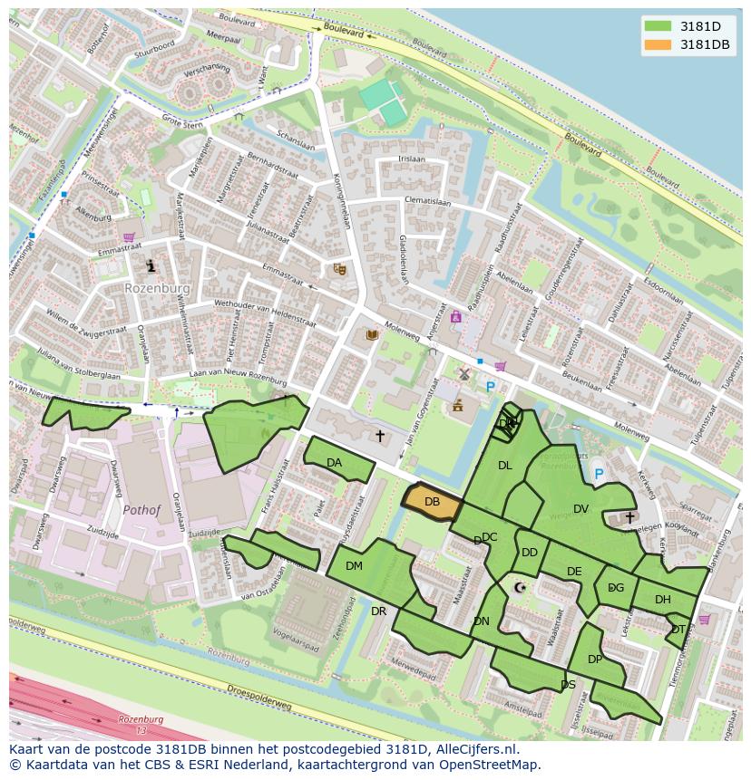Afbeelding van het postcodegebied 3181 DB op de kaart.