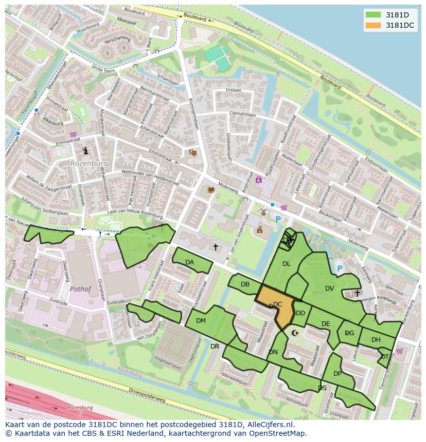 Afbeelding van het postcodegebied 3181 DC op de kaart.