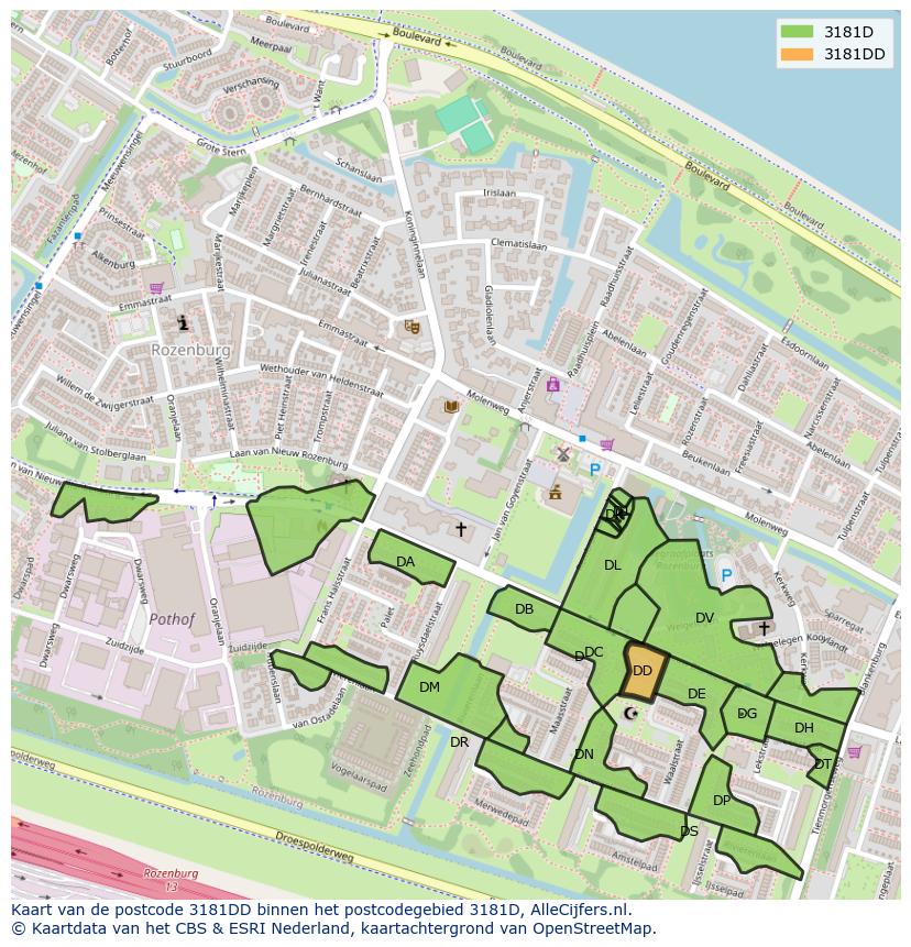 Afbeelding van het postcodegebied 3181 DD op de kaart.