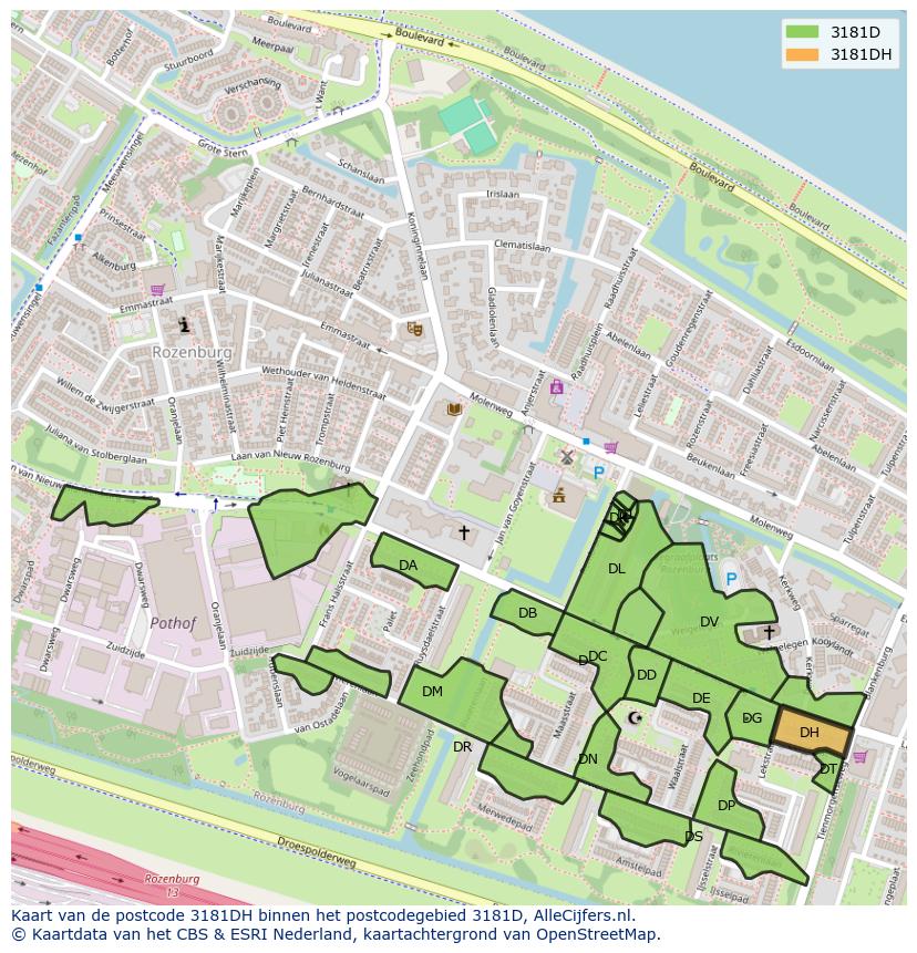 Afbeelding van het postcodegebied 3181 DH op de kaart.