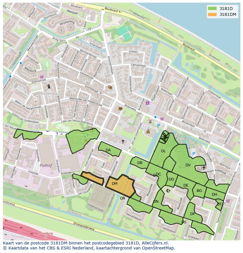 Afbeelding van het postcodegebied 3181 DM op de kaart.