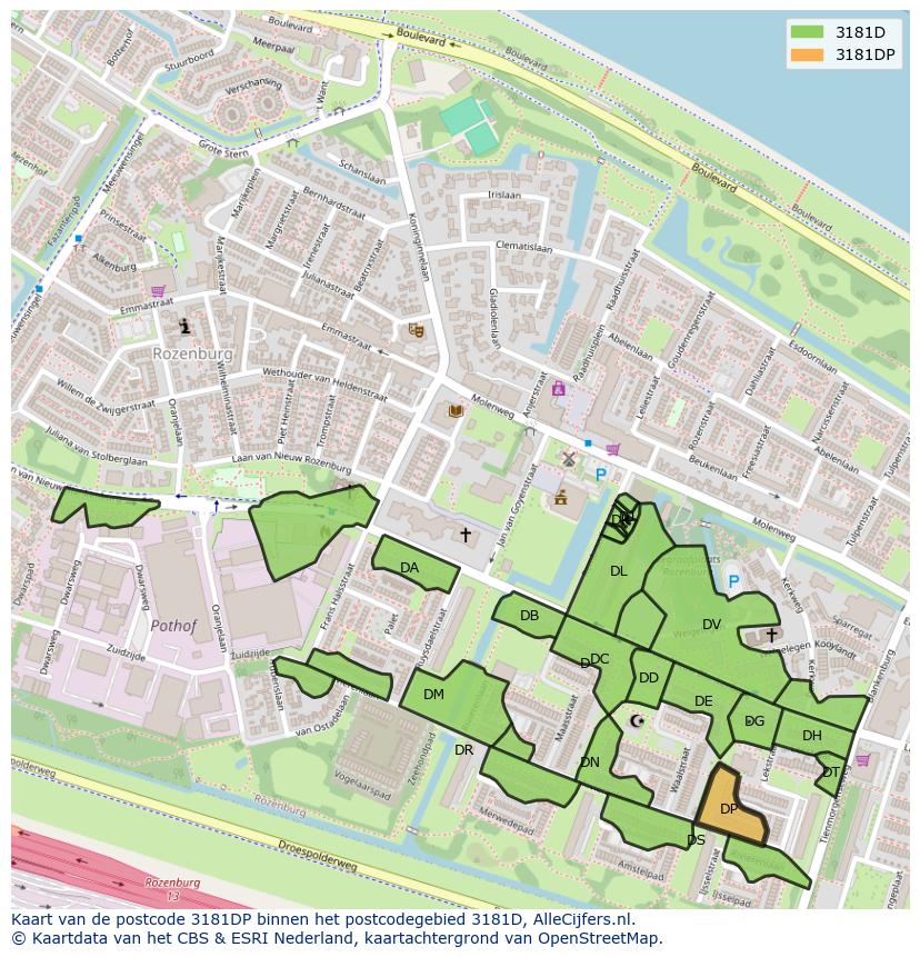 Afbeelding van het postcodegebied 3181 DP op de kaart.