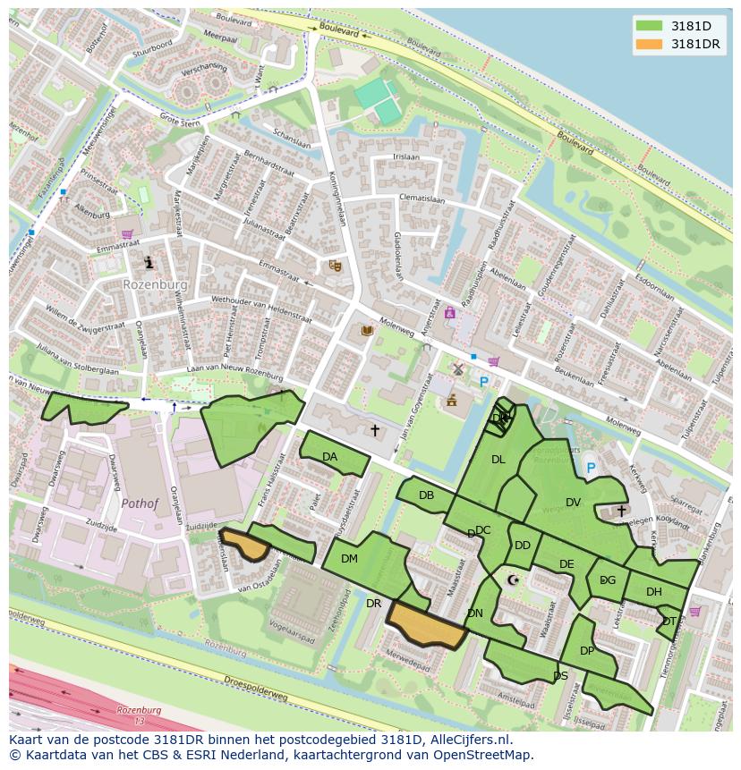 Afbeelding van het postcodegebied 3181 DR op de kaart.