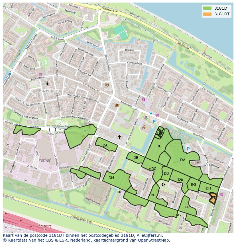 Afbeelding van het postcodegebied 3181 DT op de kaart.