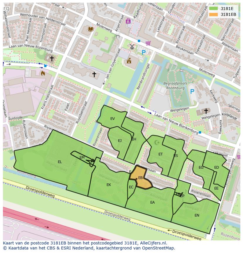 Afbeelding van het postcodegebied 3181 EB op de kaart.