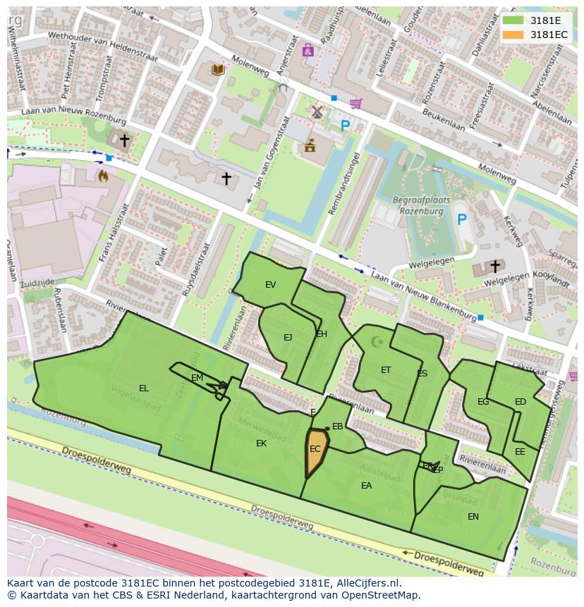 Afbeelding van het postcodegebied 3181 EC op de kaart.