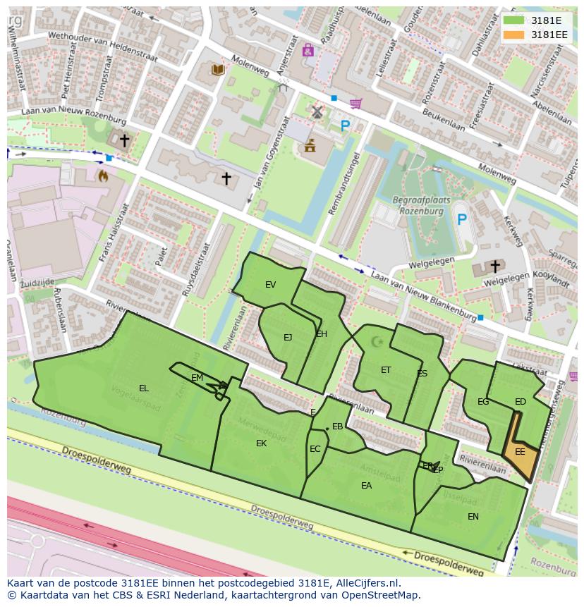 Afbeelding van het postcodegebied 3181 EE op de kaart.