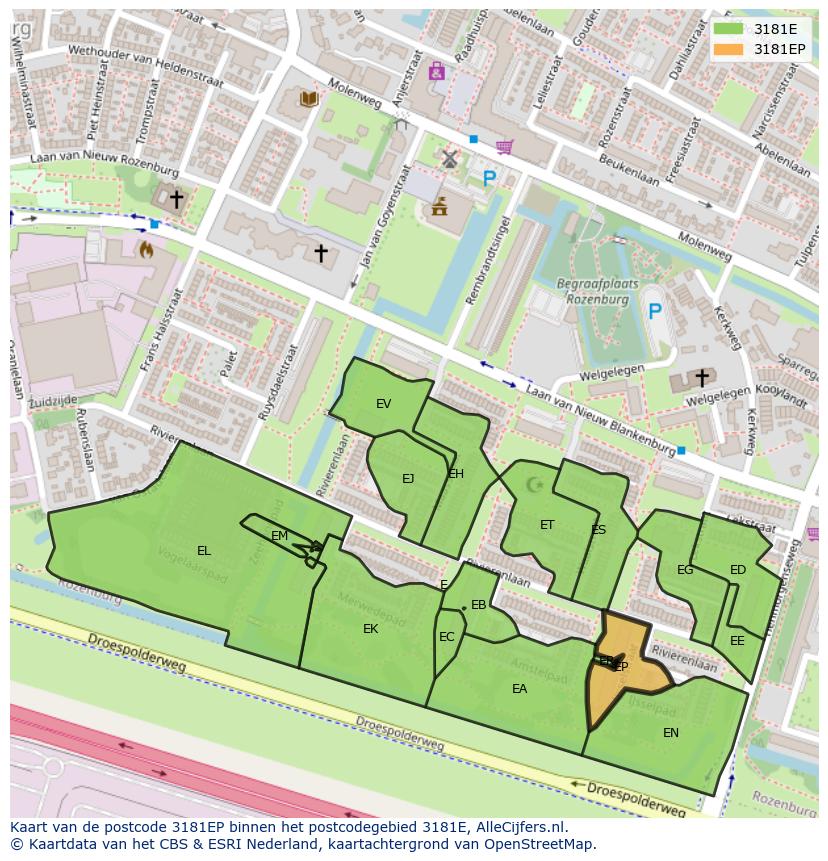 Afbeelding van het postcodegebied 3181 EP op de kaart.