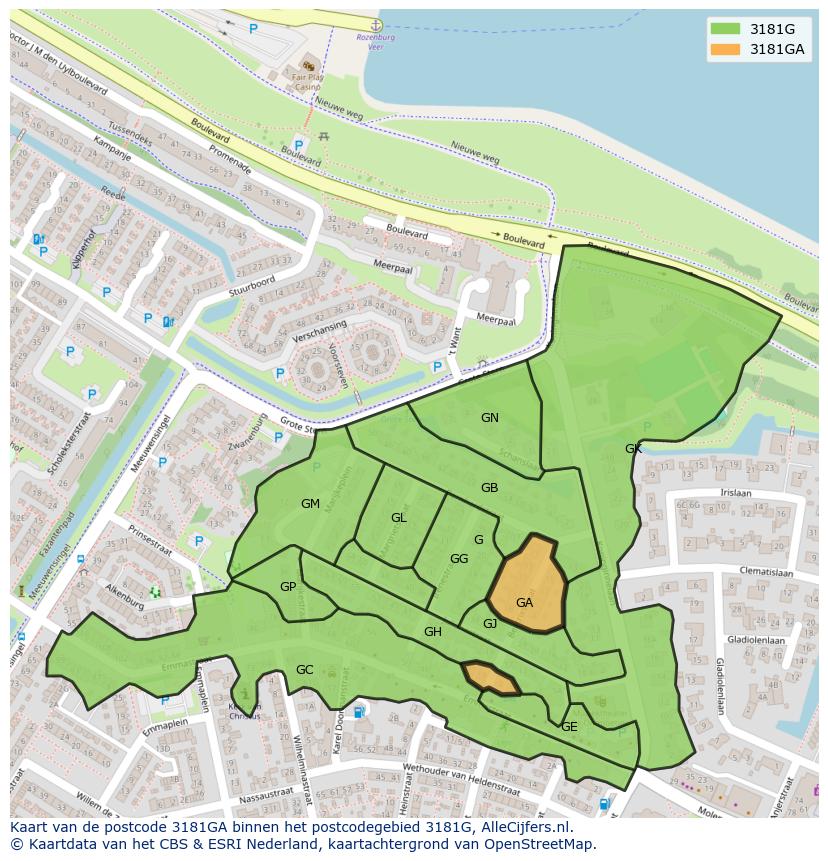 Afbeelding van het postcodegebied 3181 GA op de kaart.