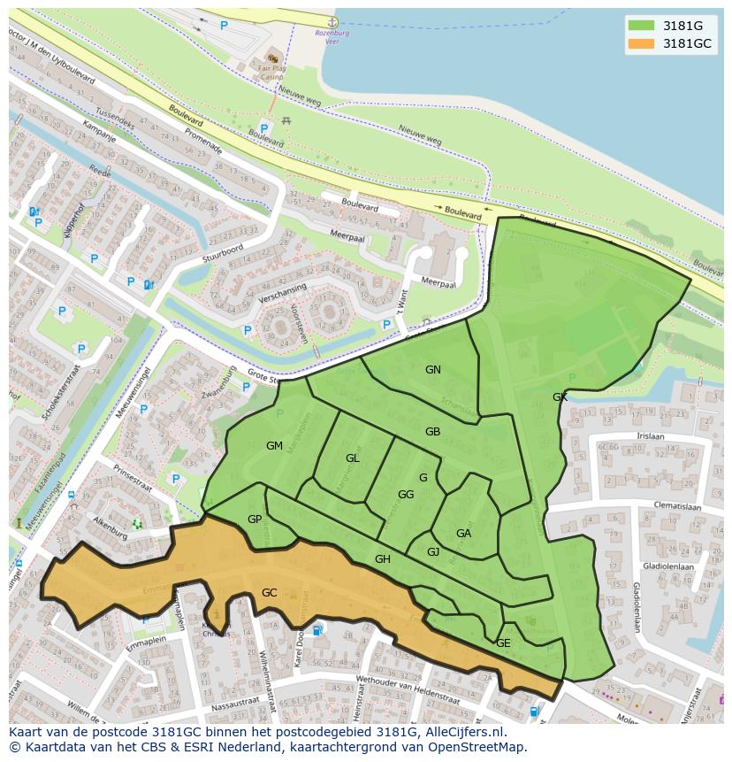 Afbeelding van het postcodegebied 3181 GC op de kaart.