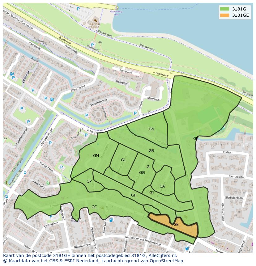 Afbeelding van het postcodegebied 3181 GE op de kaart.
