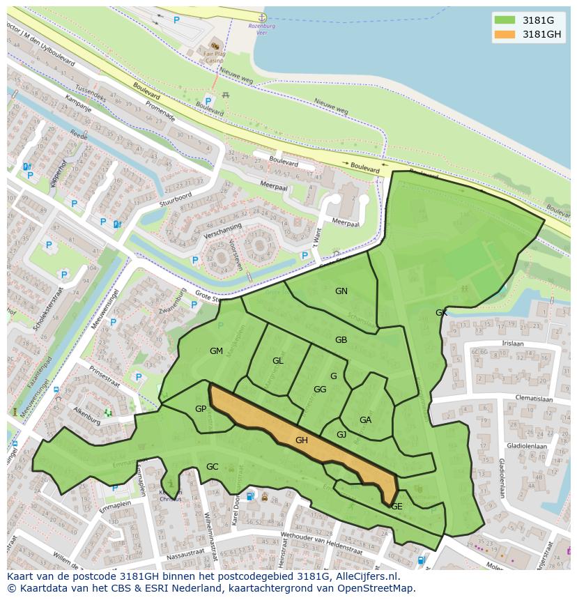 Afbeelding van het postcodegebied 3181 GH op de kaart.