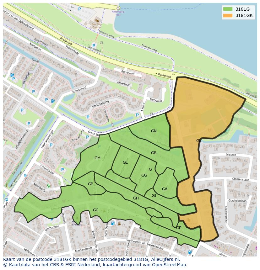 Afbeelding van het postcodegebied 3181 GK op de kaart.