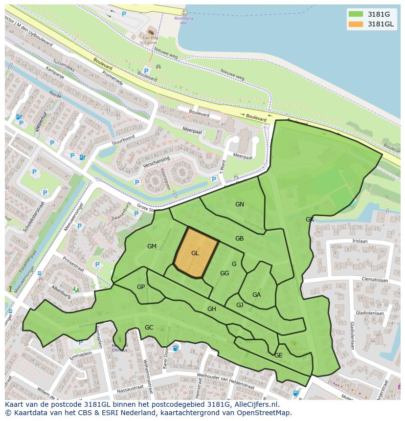 Afbeelding van het postcodegebied 3181 GL op de kaart.