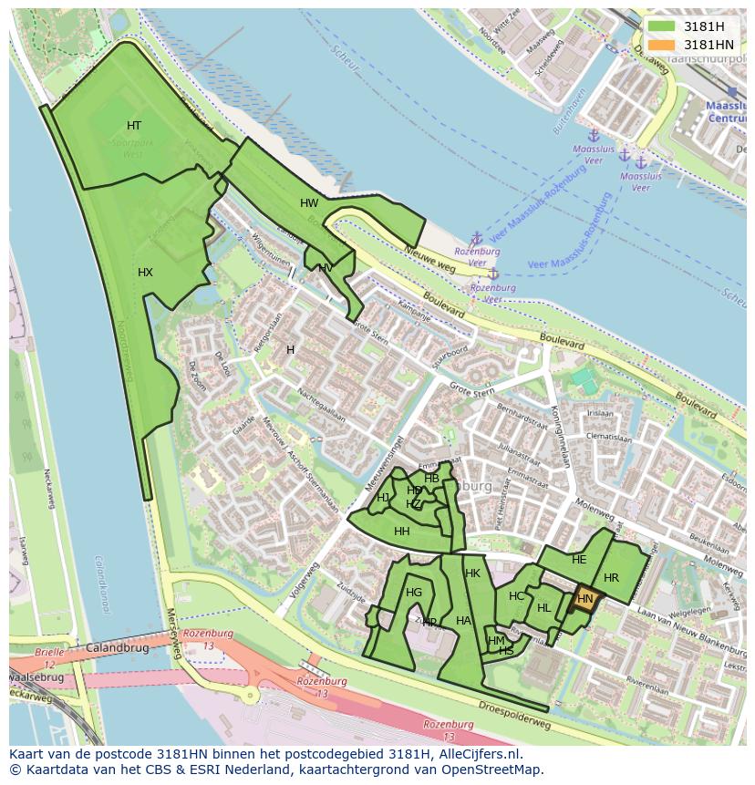 Afbeelding van het postcodegebied 3181 HN op de kaart.