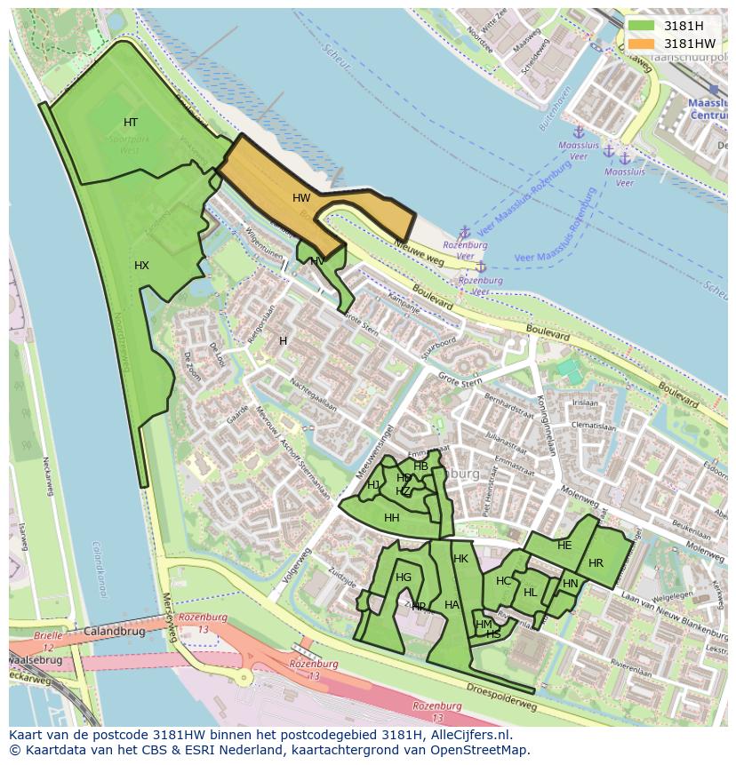 Afbeelding van het postcodegebied 3181 HW op de kaart.