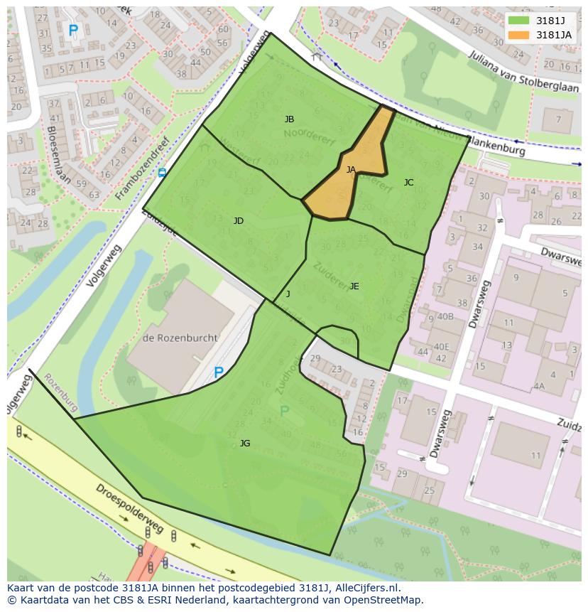 Afbeelding van het postcodegebied 3181 JA op de kaart.