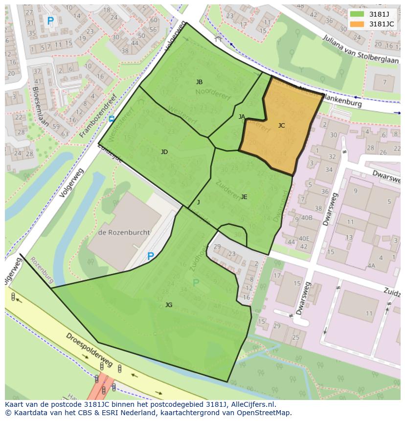 Afbeelding van het postcodegebied 3181 JC op de kaart.