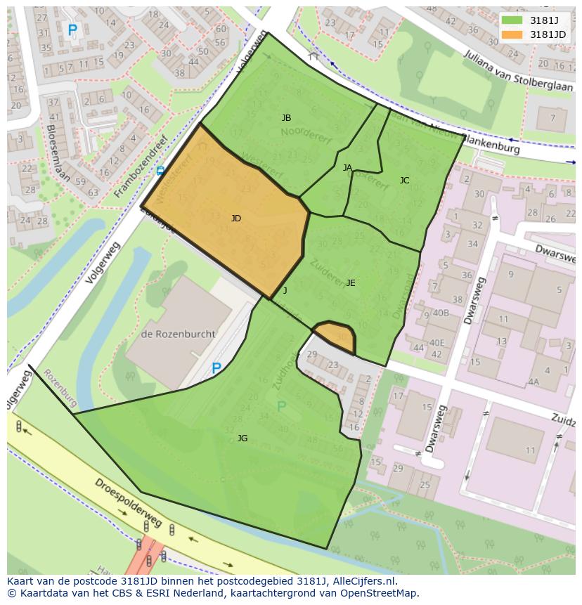 Afbeelding van het postcodegebied 3181 JD op de kaart.
