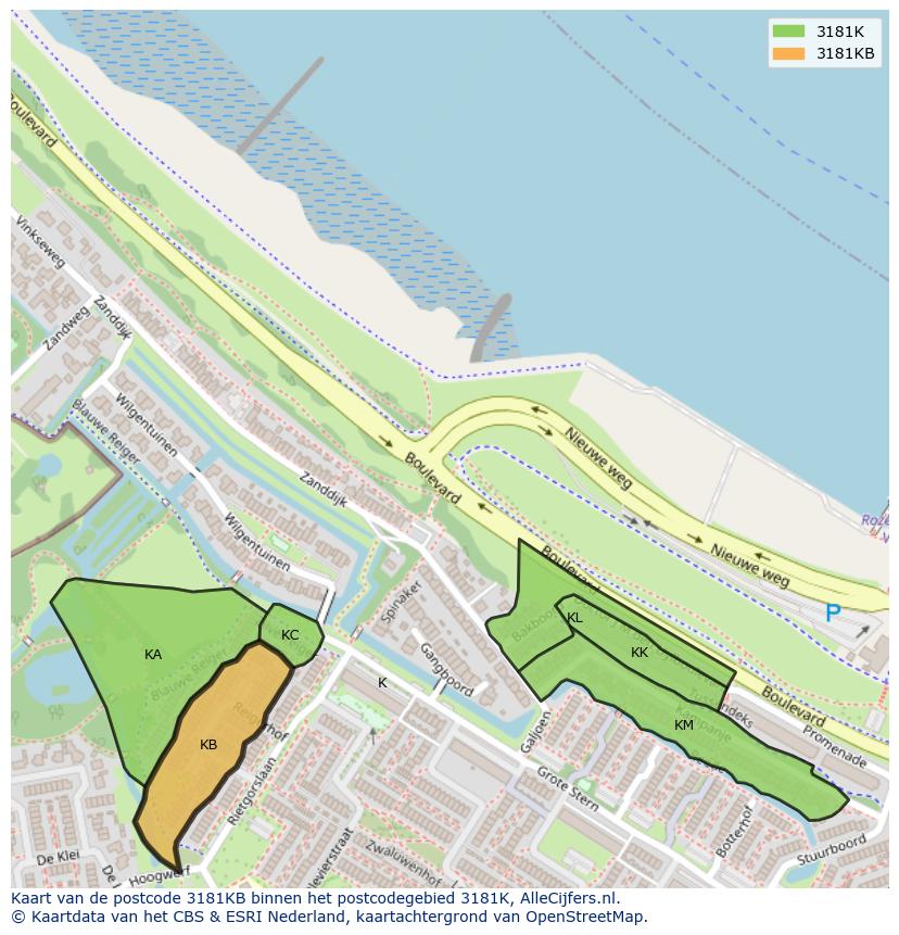 Afbeelding van het postcodegebied 3181 KB op de kaart.
