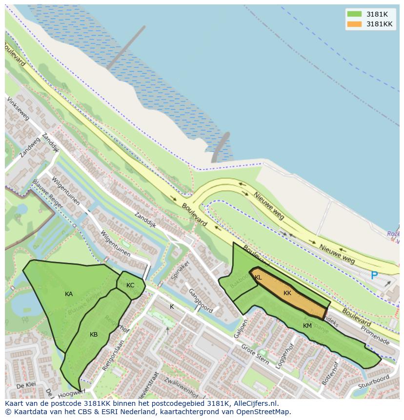 Afbeelding van het postcodegebied 3181 KK op de kaart.