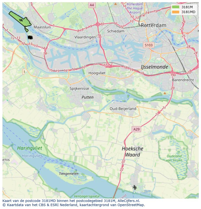 Afbeelding van het postcodegebied 3181 MD op de kaart.