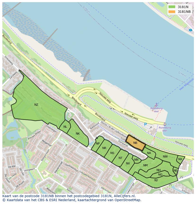 Afbeelding van het postcodegebied 3181 NB op de kaart.