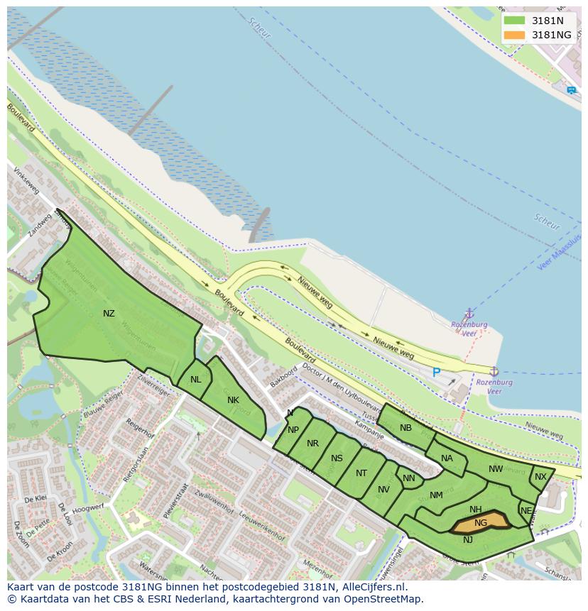 Afbeelding van het postcodegebied 3181 NG op de kaart.