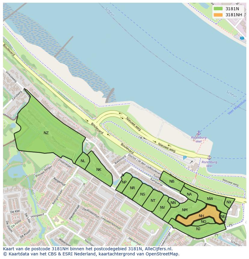 Afbeelding van het postcodegebied 3181 NH op de kaart.