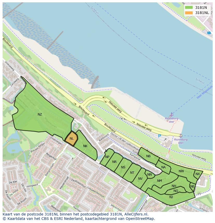 Afbeelding van het postcodegebied 3181 NL op de kaart.