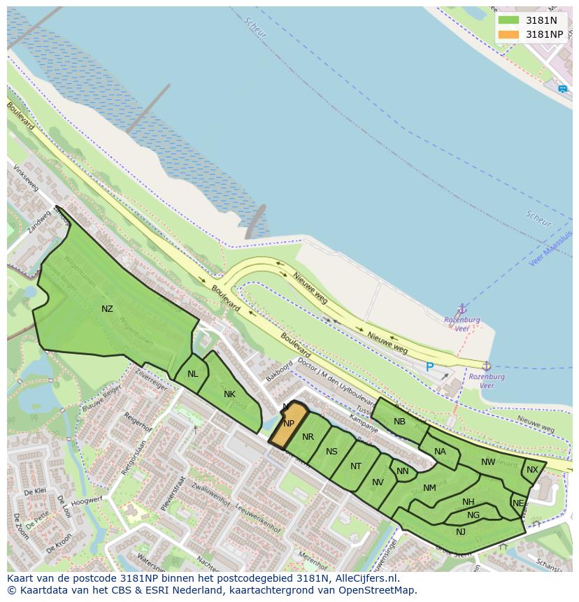 Afbeelding van het postcodegebied 3181 NP op de kaart.