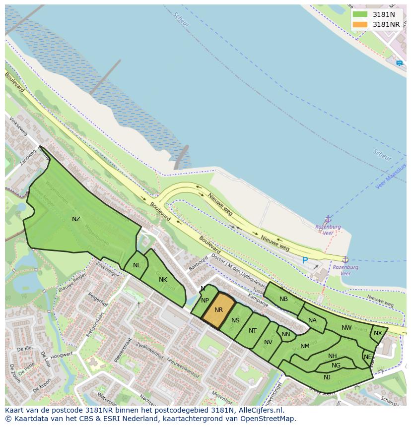 Afbeelding van het postcodegebied 3181 NR op de kaart.