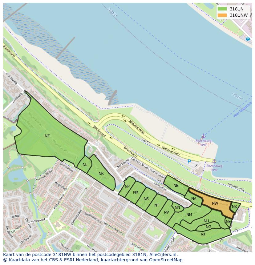 Afbeelding van het postcodegebied 3181 NW op de kaart.
