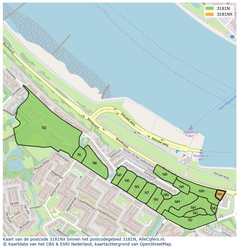 Afbeelding van het postcodegebied 3181 NX op de kaart.