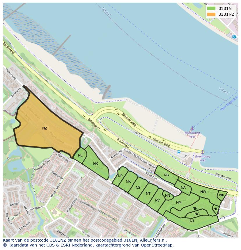 Afbeelding van het postcodegebied 3181 NZ op de kaart.