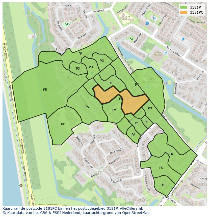 Afbeelding van het postcodegebied 3181 PC op de kaart.