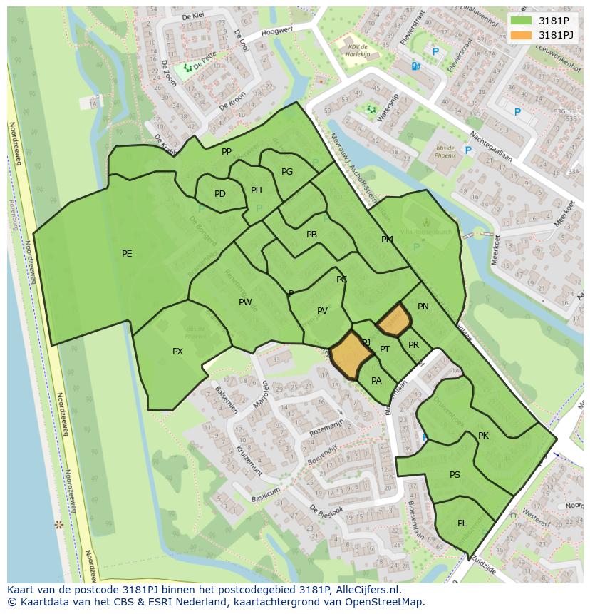 Afbeelding van het postcodegebied 3181 PJ op de kaart.