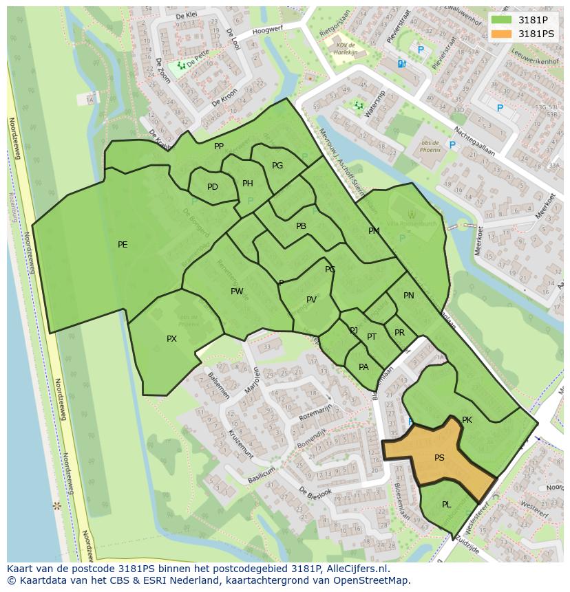 Afbeelding van het postcodegebied 3181 PS op de kaart.