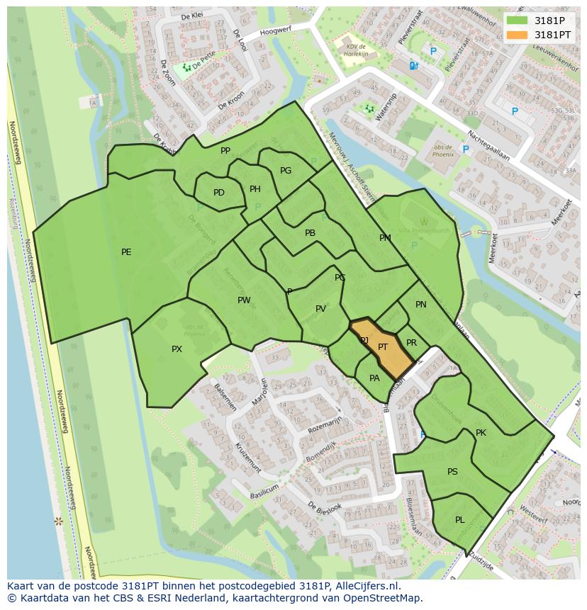 Afbeelding van het postcodegebied 3181 PT op de kaart.