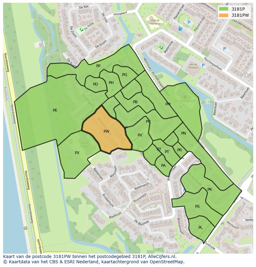 Afbeelding van het postcodegebied 3181 PW op de kaart.