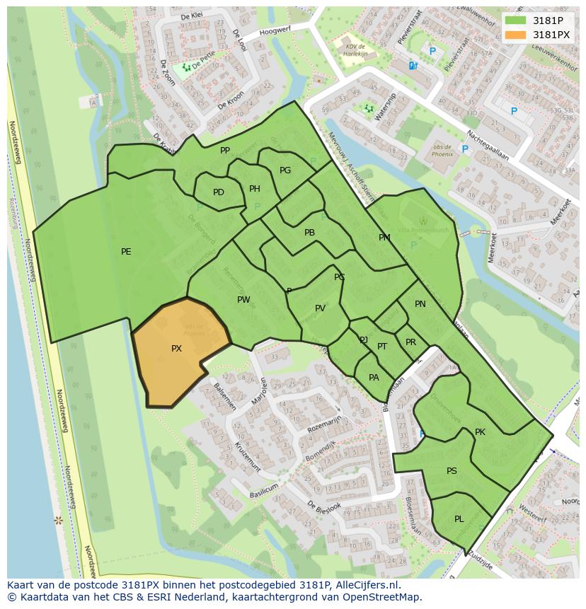 Afbeelding van het postcodegebied 3181 PX op de kaart.