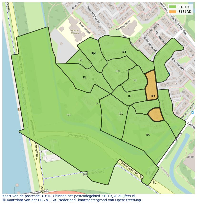 Afbeelding van het postcodegebied 3181 RD op de kaart.