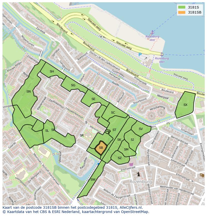 Afbeelding van het postcodegebied 3181 SB op de kaart.