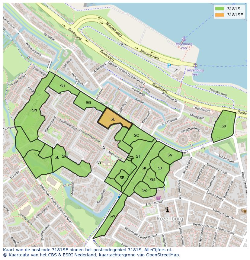 Afbeelding van het postcodegebied 3181 SE op de kaart.