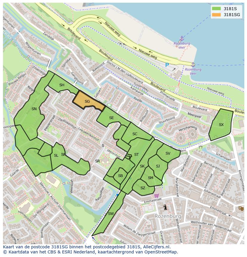Afbeelding van het postcodegebied 3181 SG op de kaart.