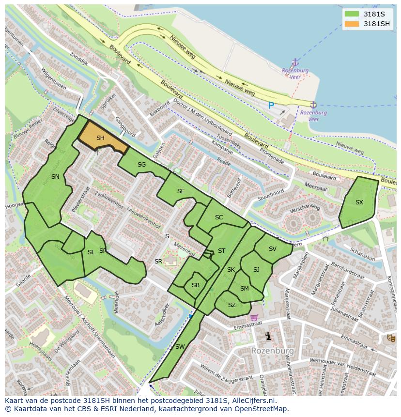 Afbeelding van het postcodegebied 3181 SH op de kaart.
