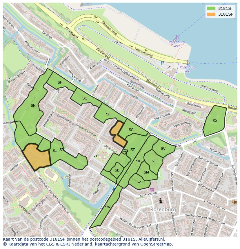 Afbeelding van het postcodegebied 3181 SP op de kaart.