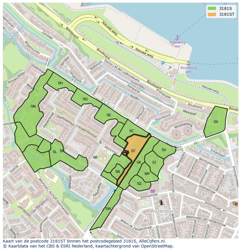 Afbeelding van het postcodegebied 3181 ST op de kaart.